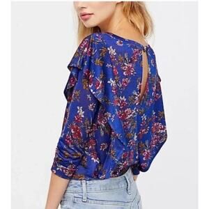 Free People Dock Street Ruffle Top Sz S Blue Combo Keyhole Back 3/4 Slv Stretchy